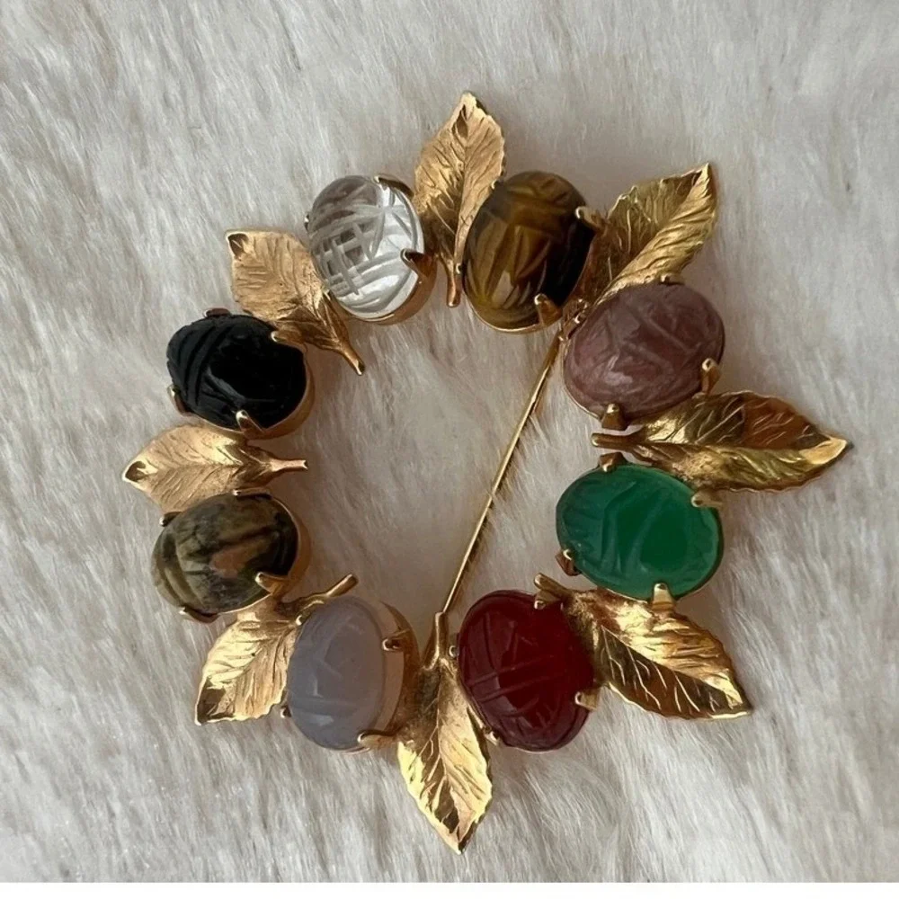 Vintage Scarab‎ Brooch Gold Multi Color Carved Glass Gemstones Egyptian Revival